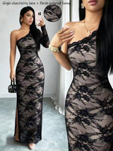 A woman modeling a sheer black lace one-shoulder maxi dress with a long sleeve and high slit, shown in a split mirror selfie view. The image includes text reading 'High-elasticity lace + flesh-colored lining' and a circular inset showing the lining detail.