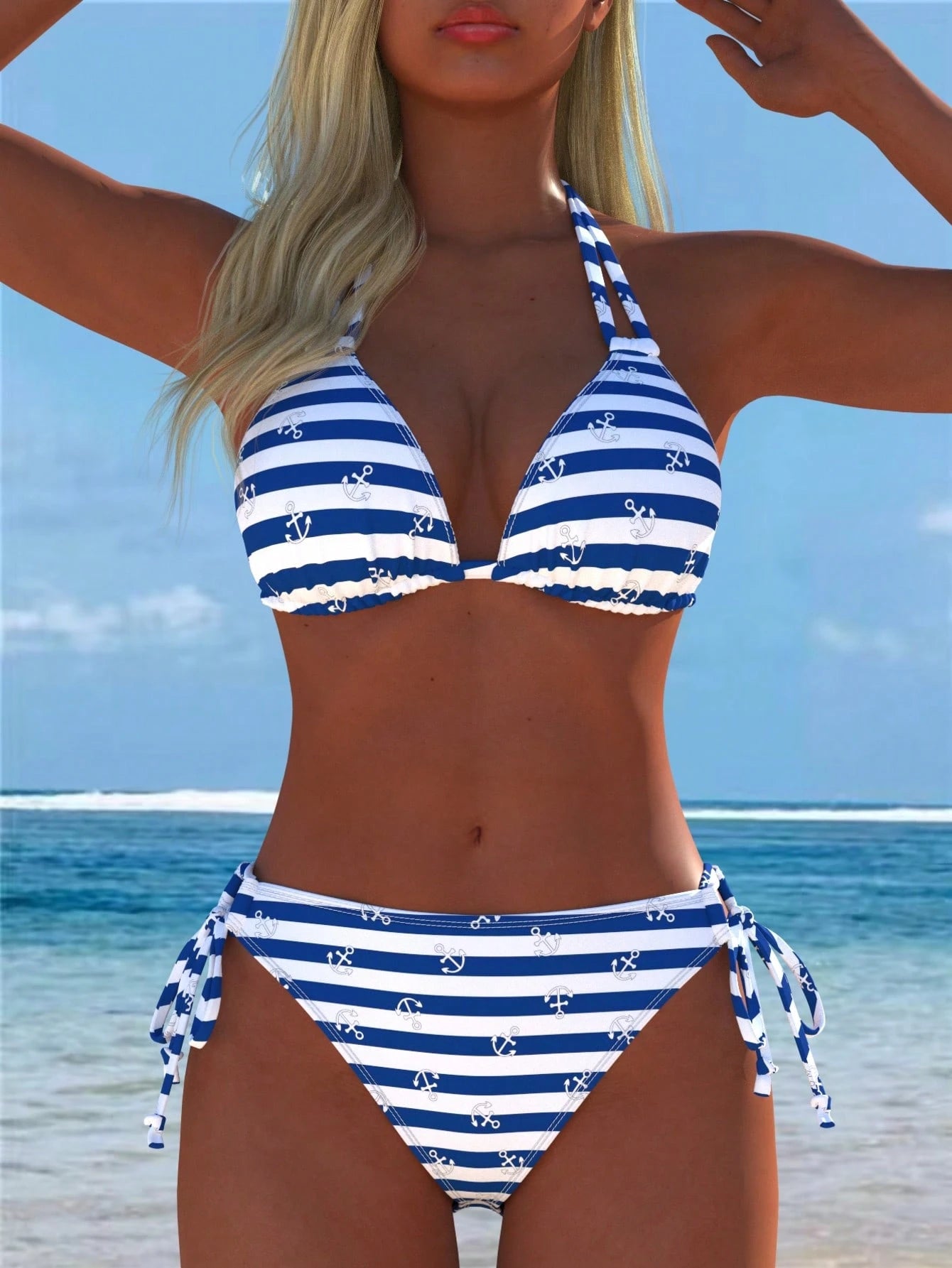 Woman wearing a blue and white striped bikini with anchor pattern against a beach background