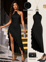 A woman models a black halter-neck evening gown with a ruffled high-low hem and a large rose detail at the neckline. The image is a composite showing the model on a staircase, a clean studio view of the dress, and styled accessories including a black clutch, gold jewelry, and black heels.