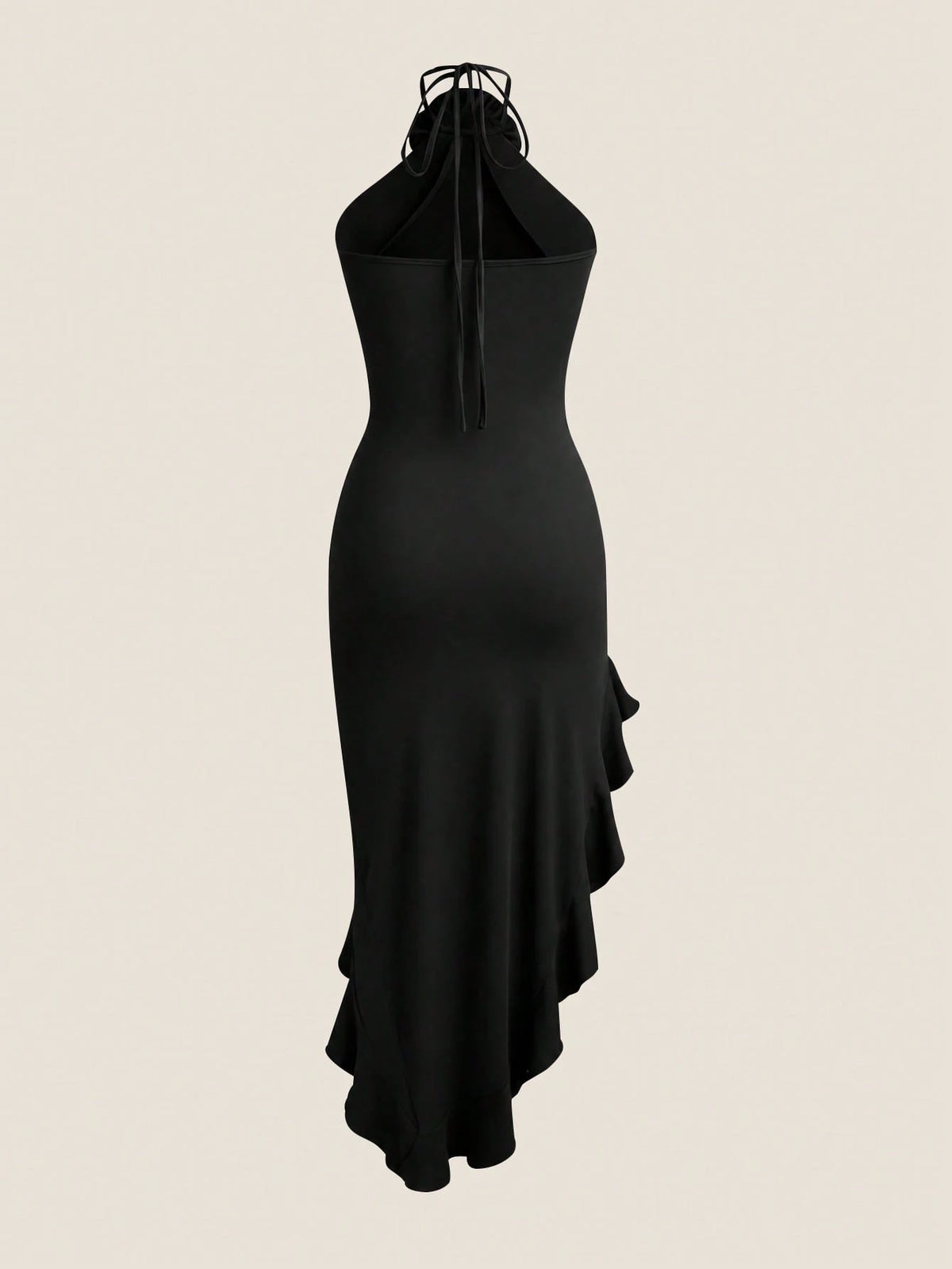 A black halter-neck midi dress with a ruffled asymmetrical hem and tie-front detail, shown against a solid light beige background.