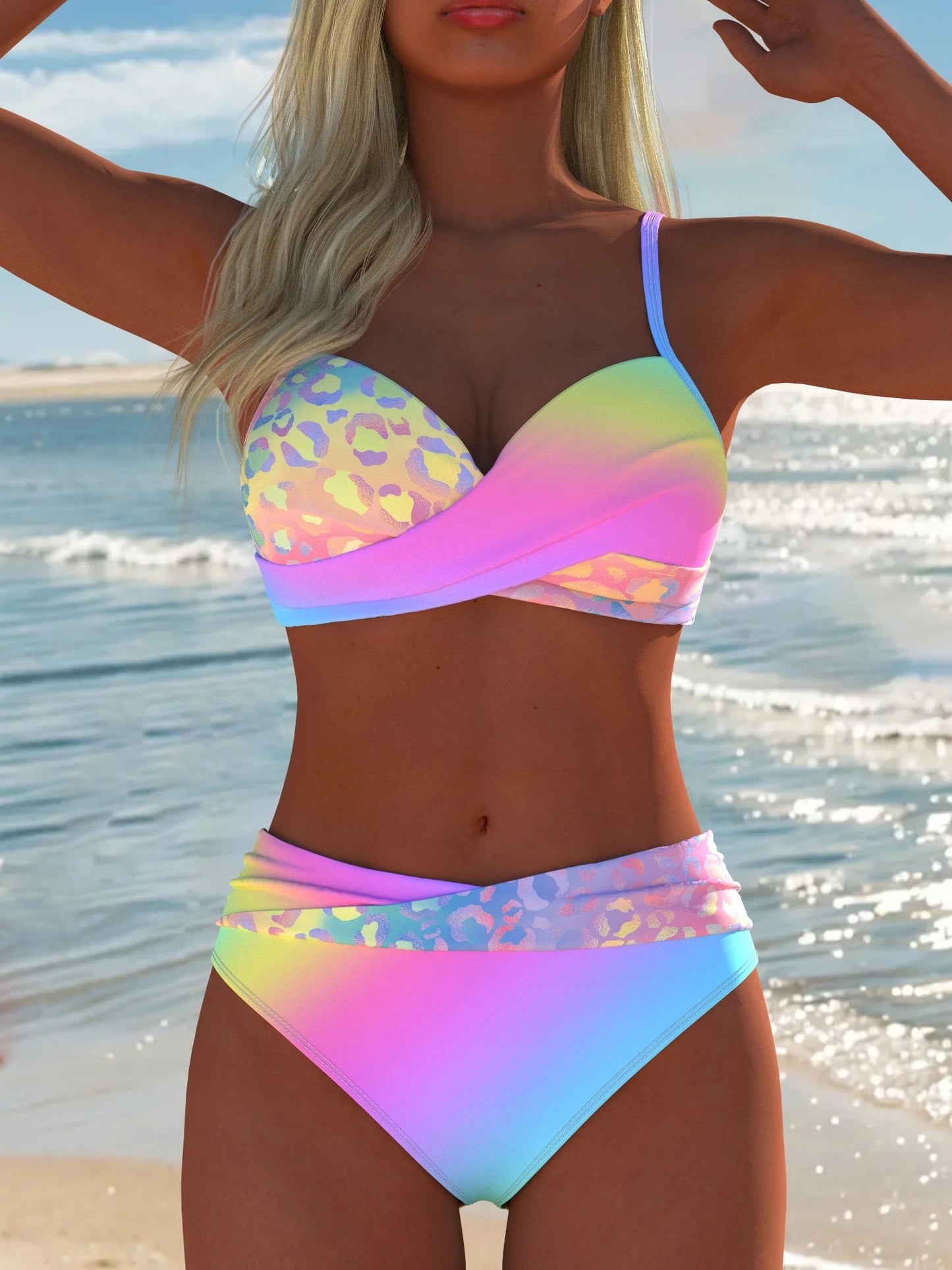 Woman wearing a colorful bikini set on a beach