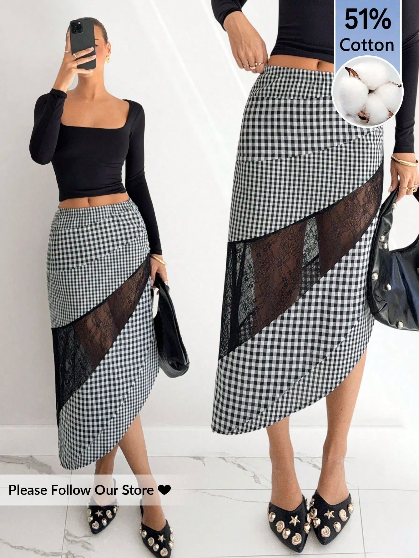 Woman wearing a black and white checkered skirt with sheer panels, holding a phone.