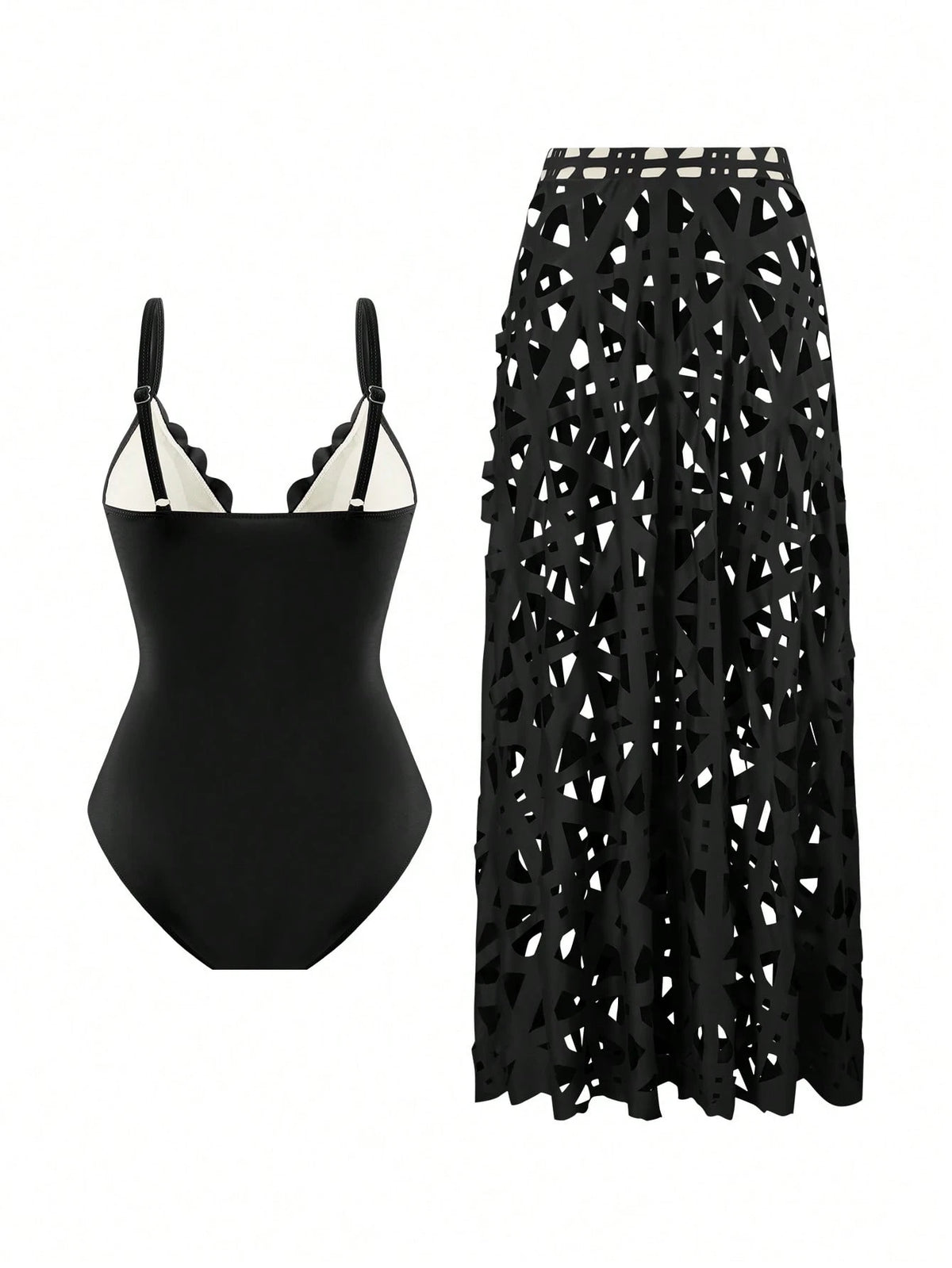 Black swimsuit and black patterned skirt on a white background