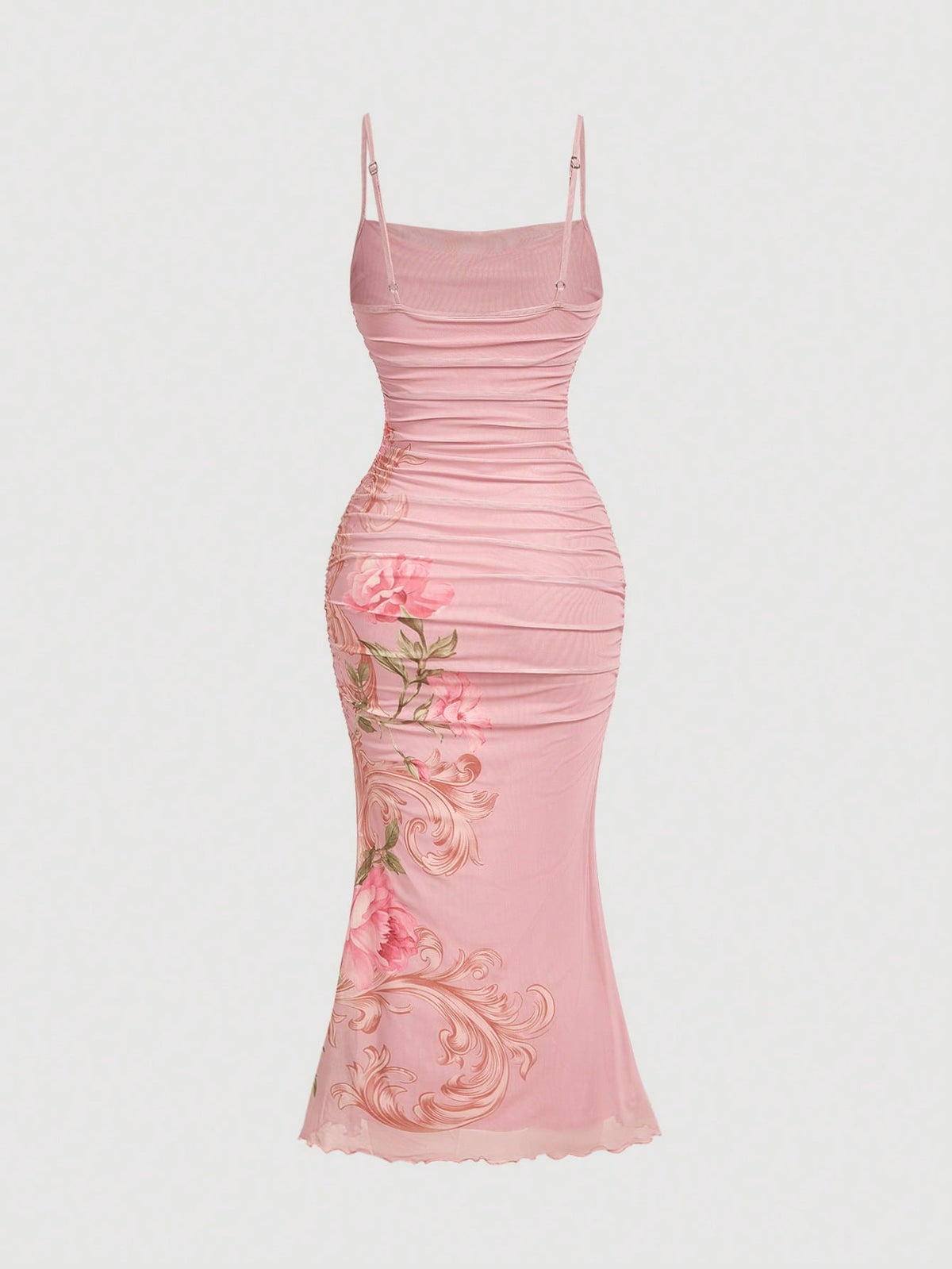 A light pink ruched midi dress with spaghetti straps and a floral print on the lower half, shown against a plain light gray background.