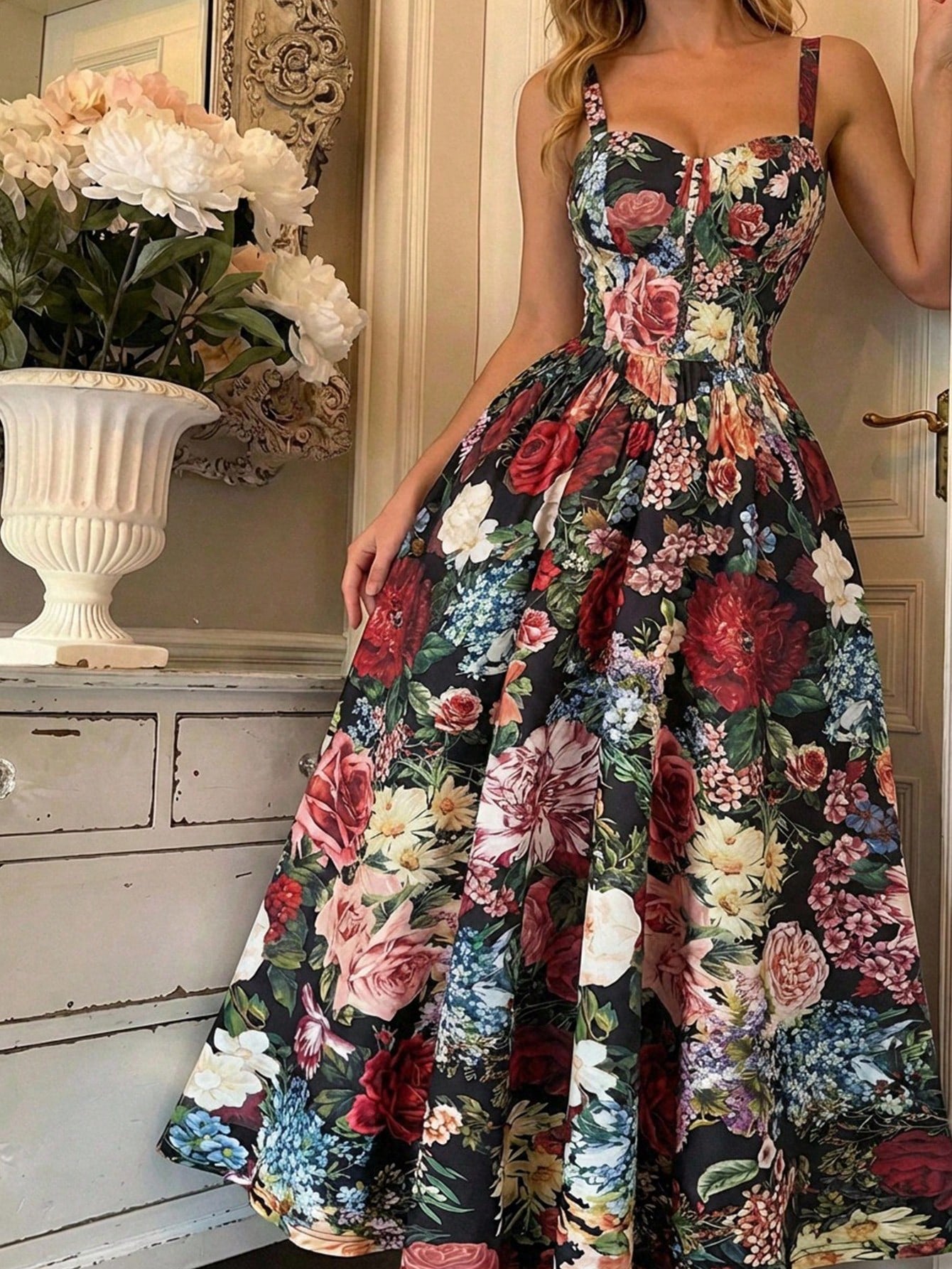 SHEIN Skyraze Women's Black Floral Print Dress