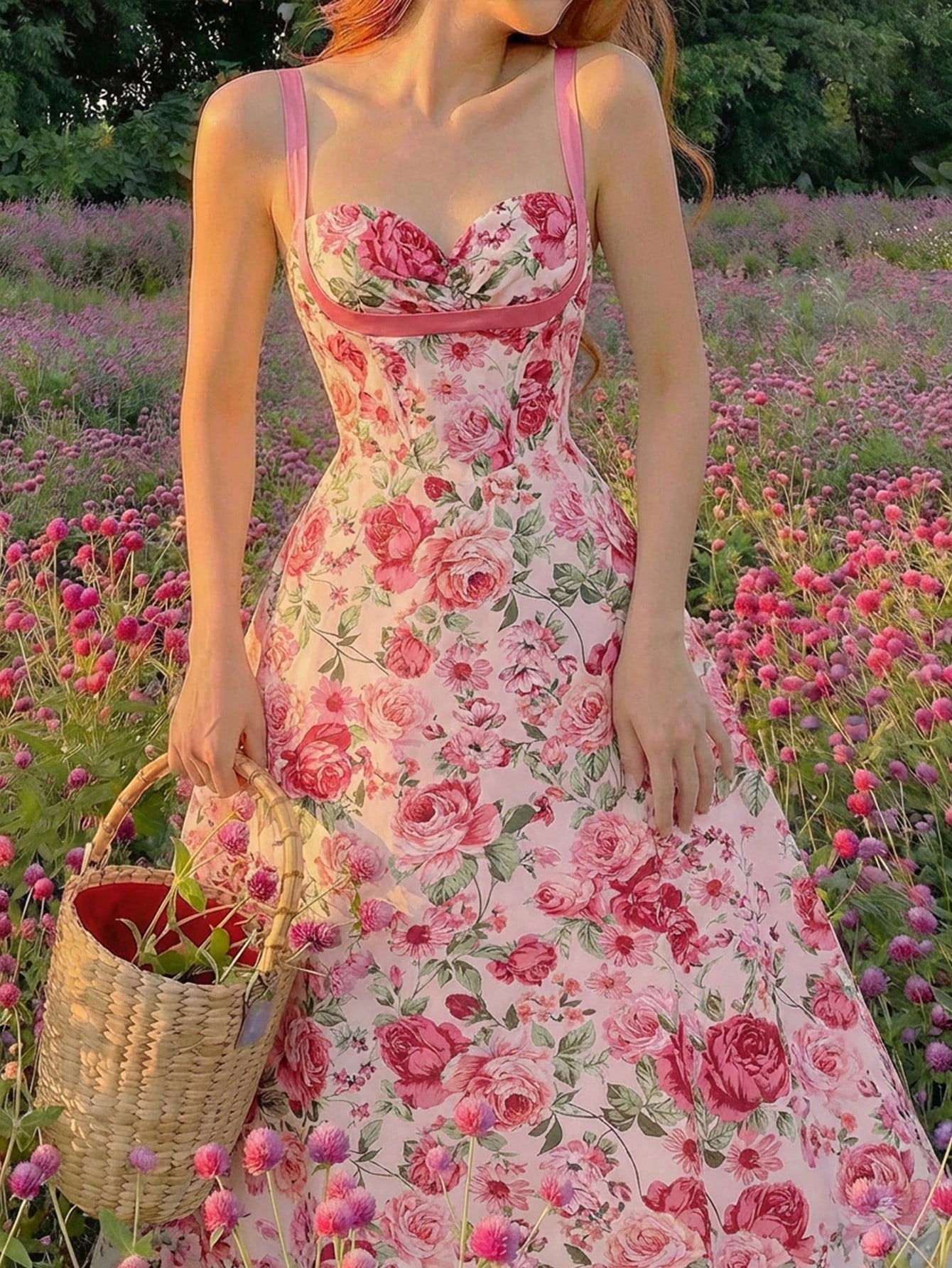 Woman in a floral dress standing in a field of flowers