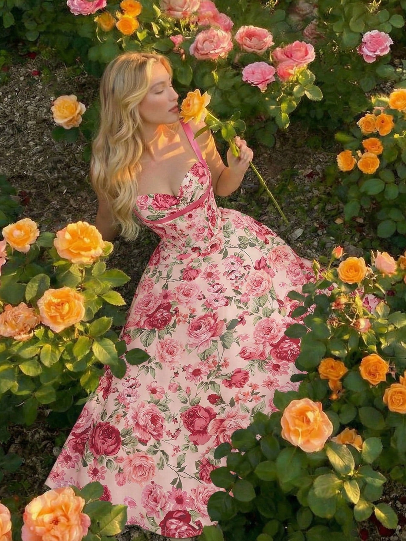 Woman in a floral dress surrounded by flowers in a garden