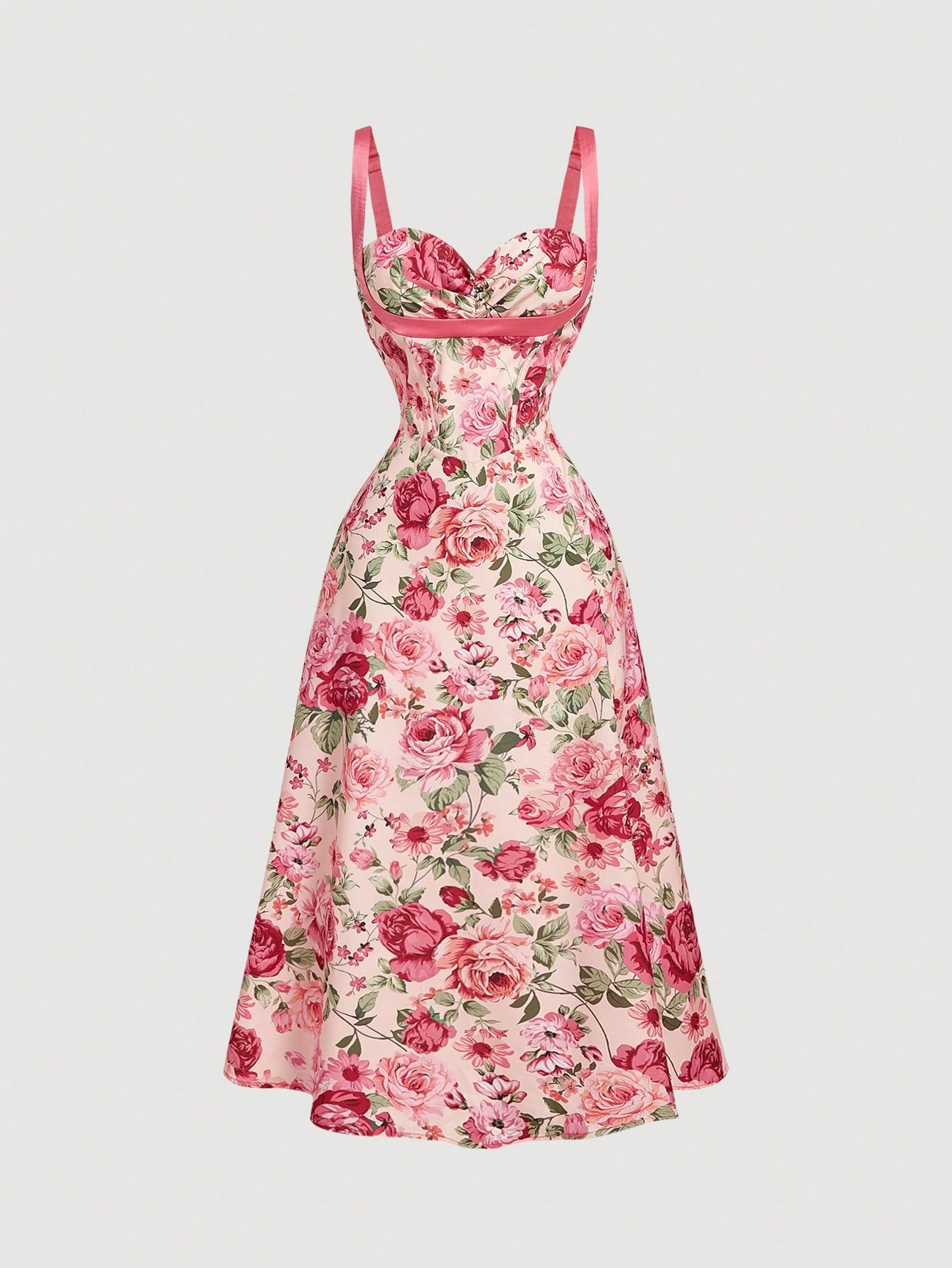 Floral dress with pink straps on a light gray background