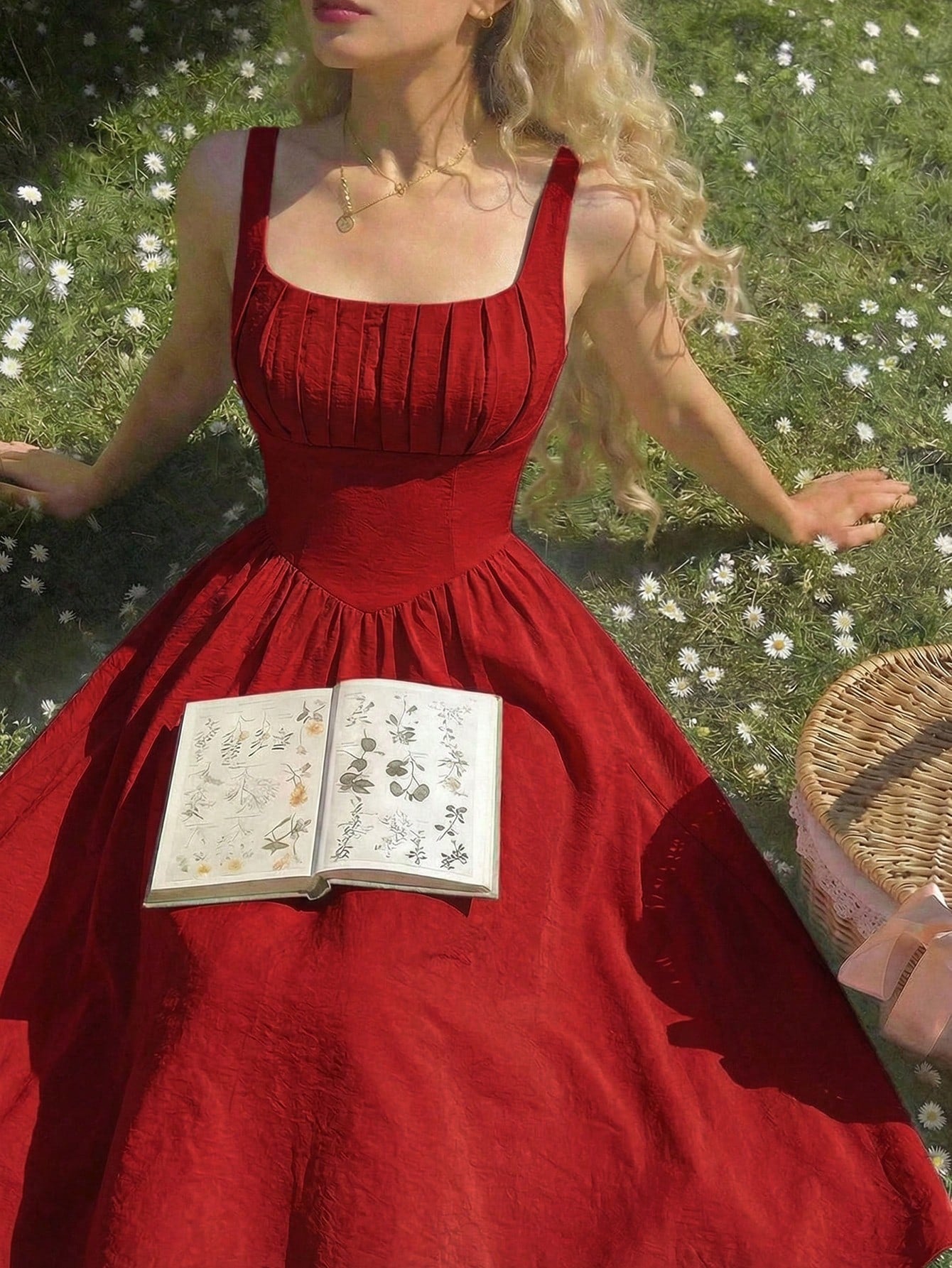 Woman in a red dress holding an open book in a grassy field with flowers.