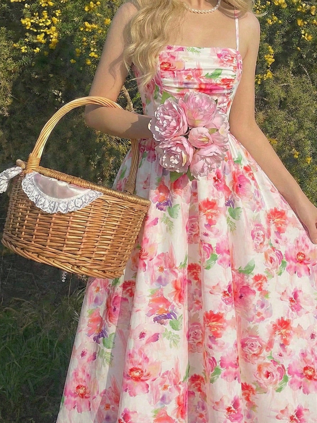 Woman in a floral dress holding a wicker bag with flowers in a garden setting