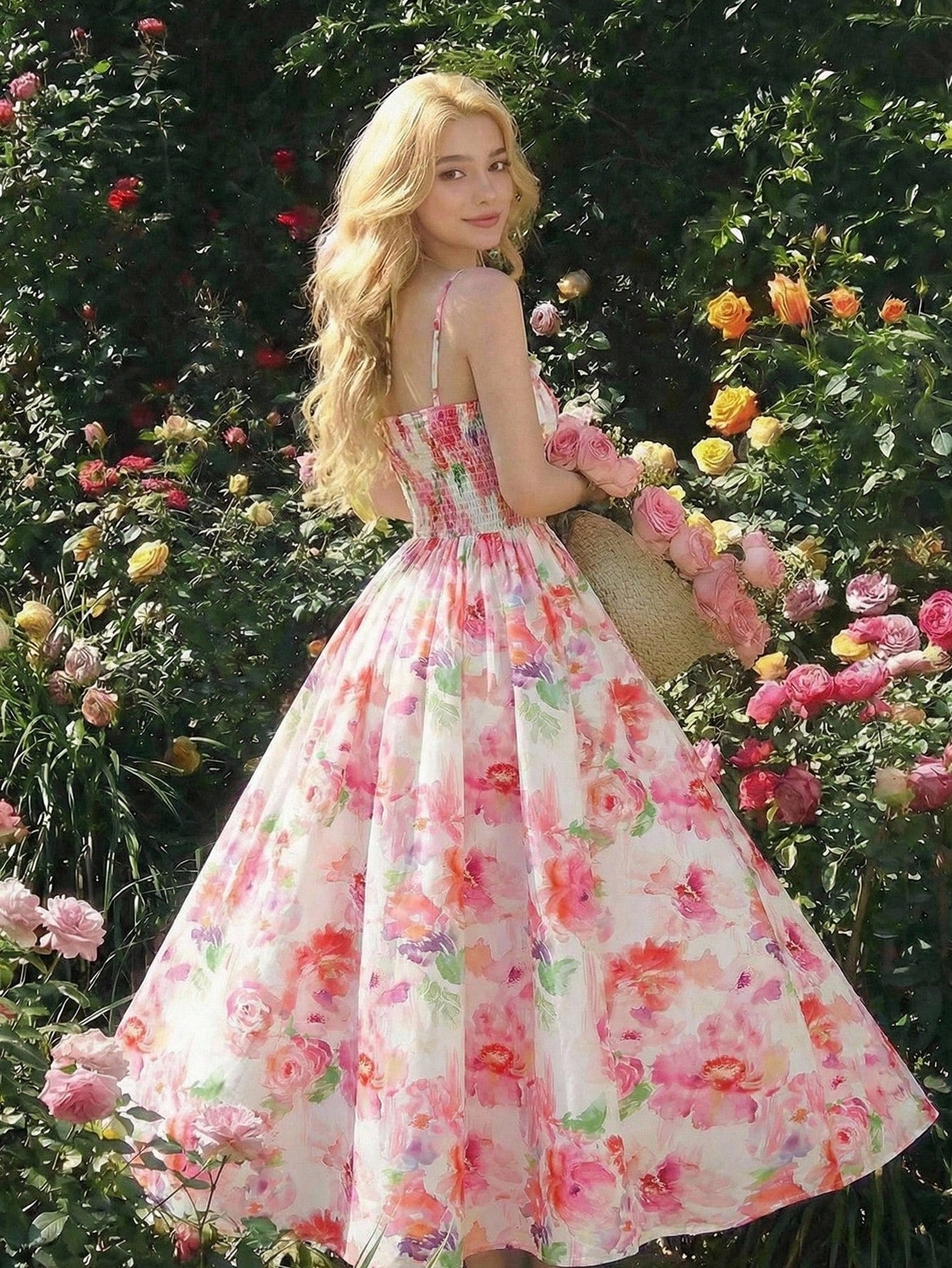 Woman in a floral dress standing among flowers