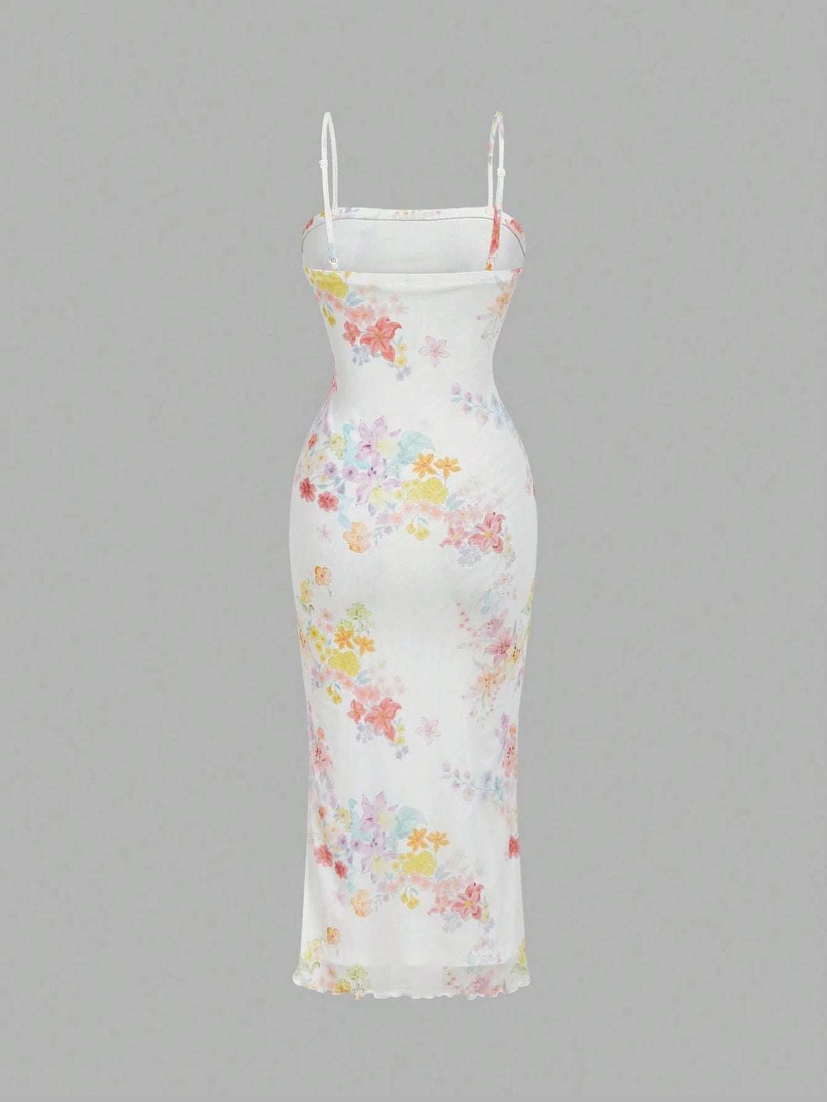 A white spaghetti-strap midi dress with a colorful pastel floral print, shown against a solid gray background.