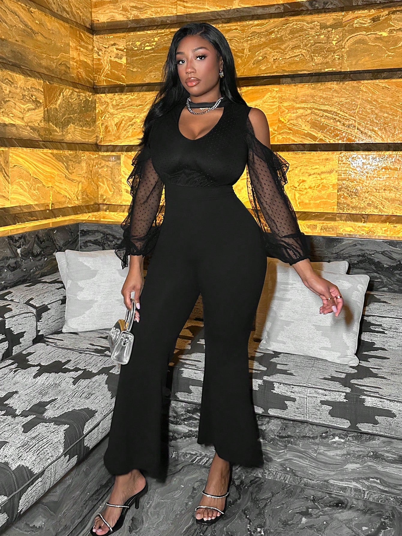 SHEIN Slayr Club Women Outfits Black Sexy Dating Daily Hollow Shoulders Jumpsuit