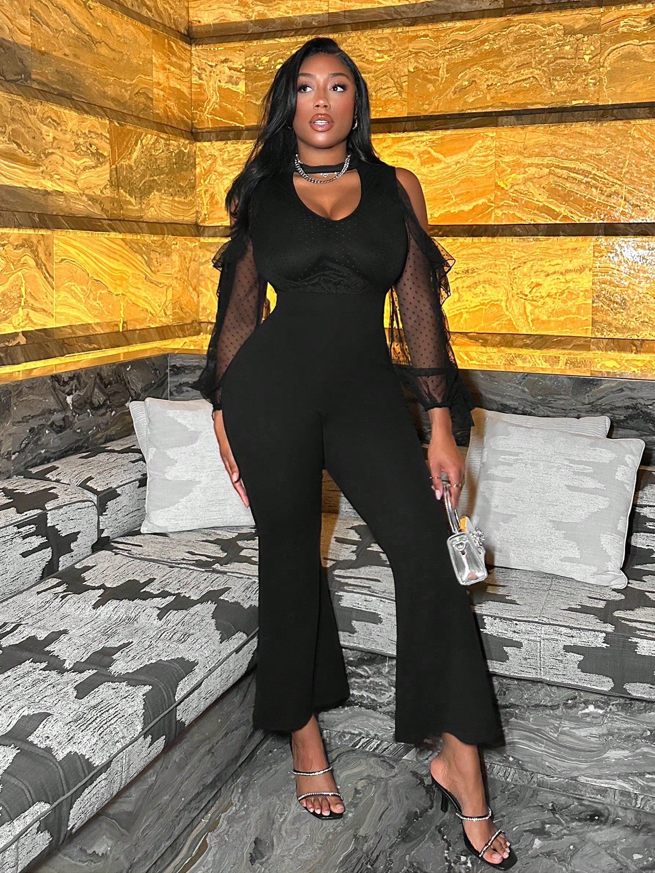 SHEIN Slayr Club Women Outfits Black Sexy Dating Daily Hollow Shoulders Jumpsuit