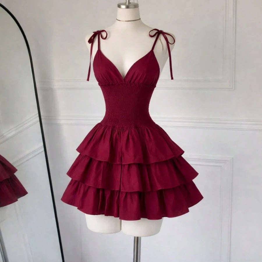 Maroon dress on a mannequin against a white wall