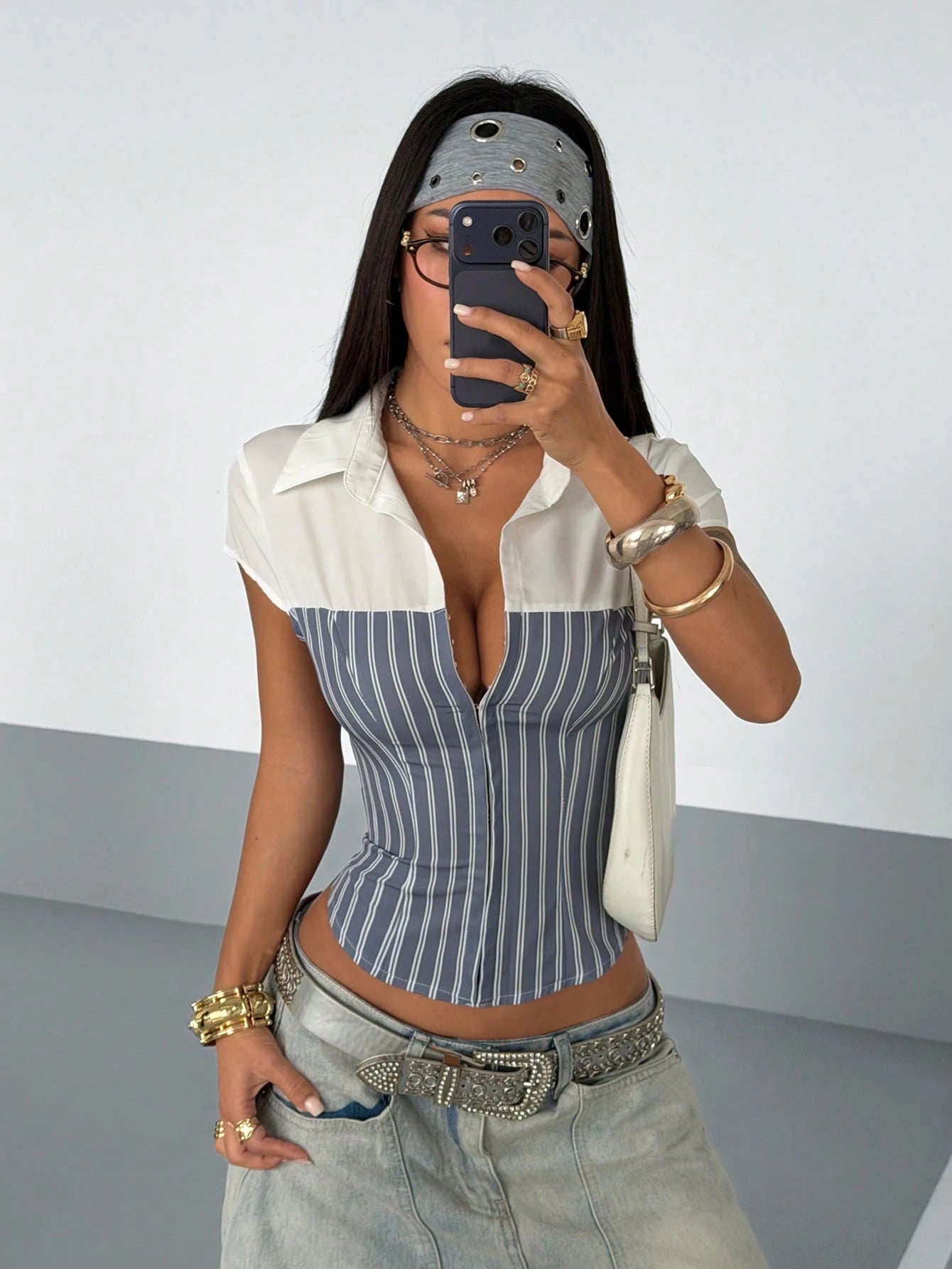 SHEIN StreetHx Women's Summer Striped Patchwork Button Decorated Cuffed Shirt