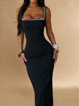 SHEIN Summer Dress Black Pearl Square-Neck Elegant
