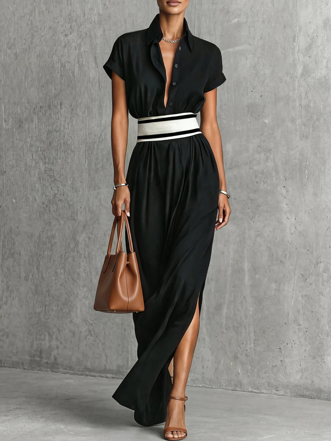 SHEIN Summer Elegant Black Collared Short Sleeve Dress