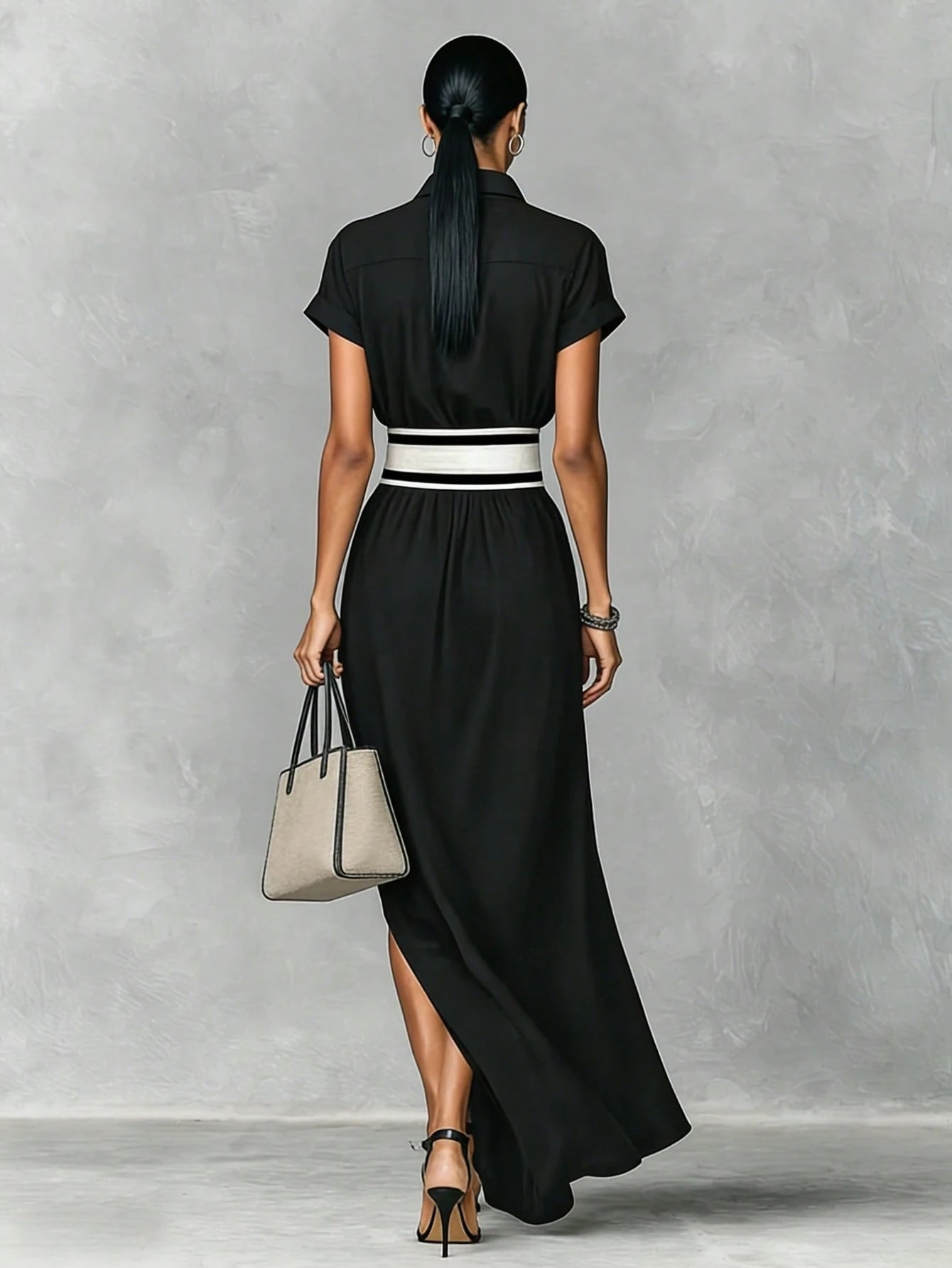 SHEIN Summer Elegant Black Collared Short Sleeve Dress