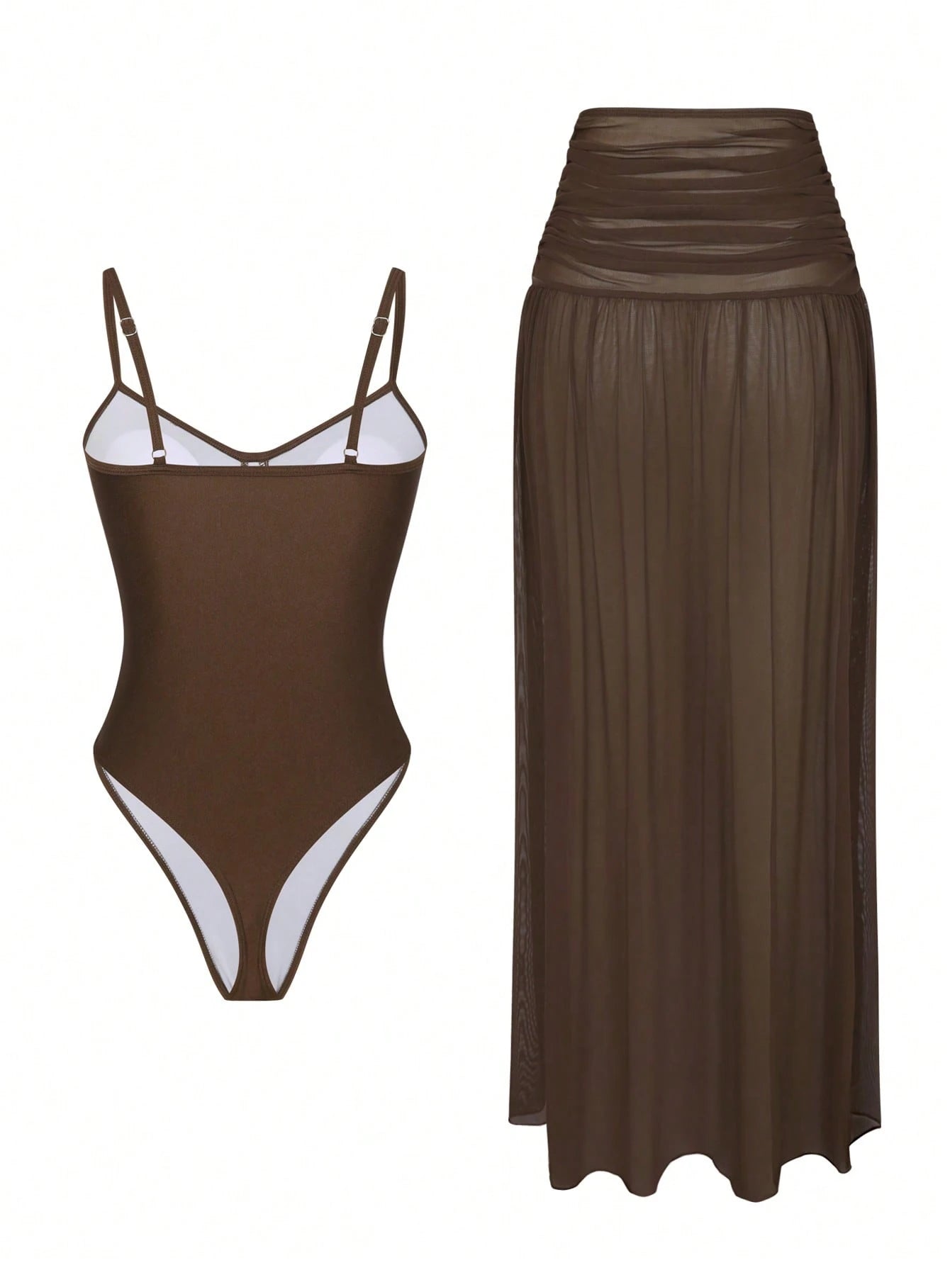Brown swimsuit with white trim and a matching brown skirt on a white background