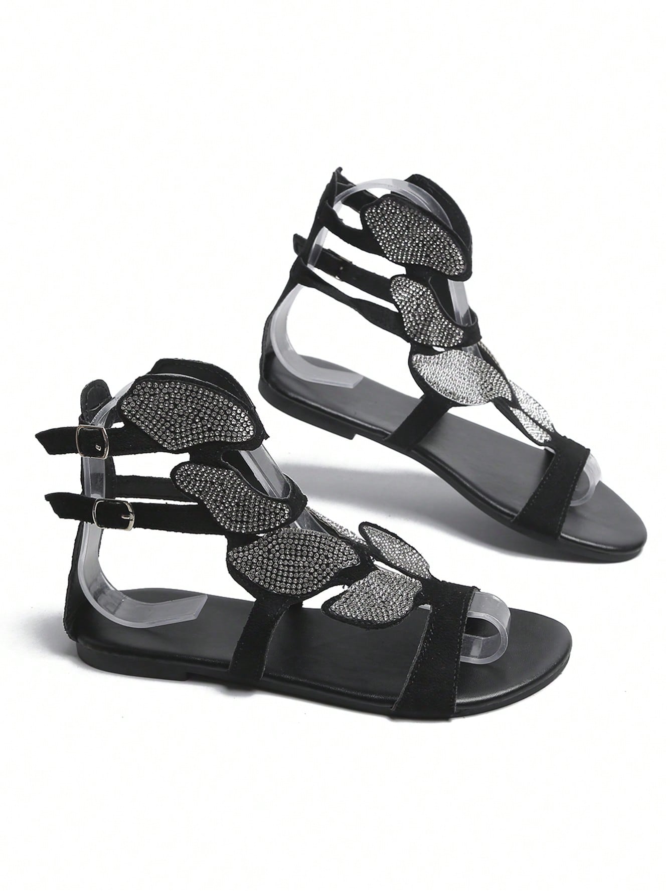 SHEIN Summer New Rhinestone Butterfly Cutout Roman Style Flat Sandals