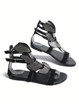 SHEIN Summer New Rhinestone Butterfly Cutout Roman Style Flat Sandals