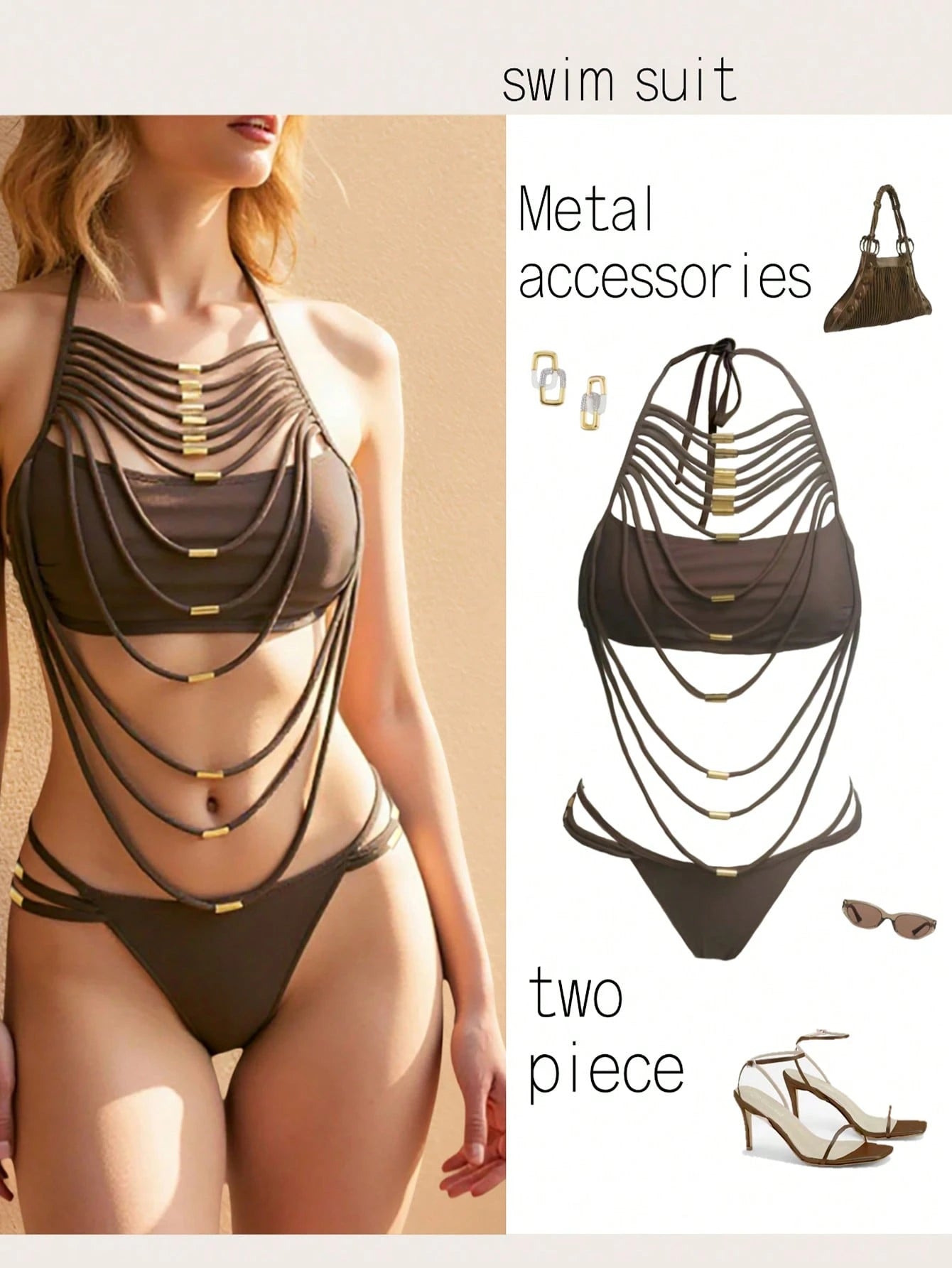 Two-piece swimsuit with metal accessories and matching handbag on a beige background