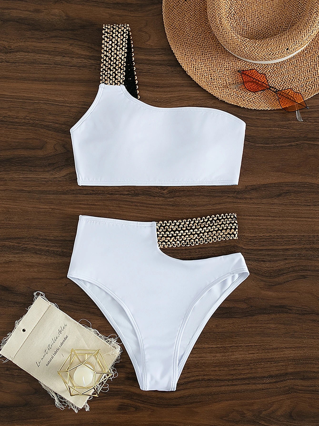 SHEIN Swim Contrast Panel Bikini Set One Shoulder
