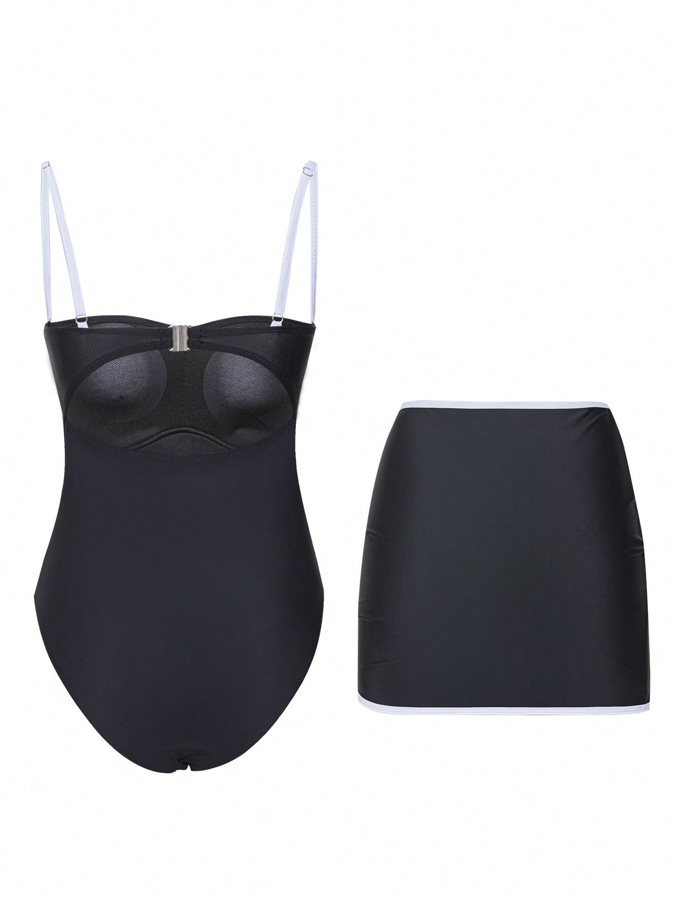 Black swimsuit with a strapless top and skirt on a white background