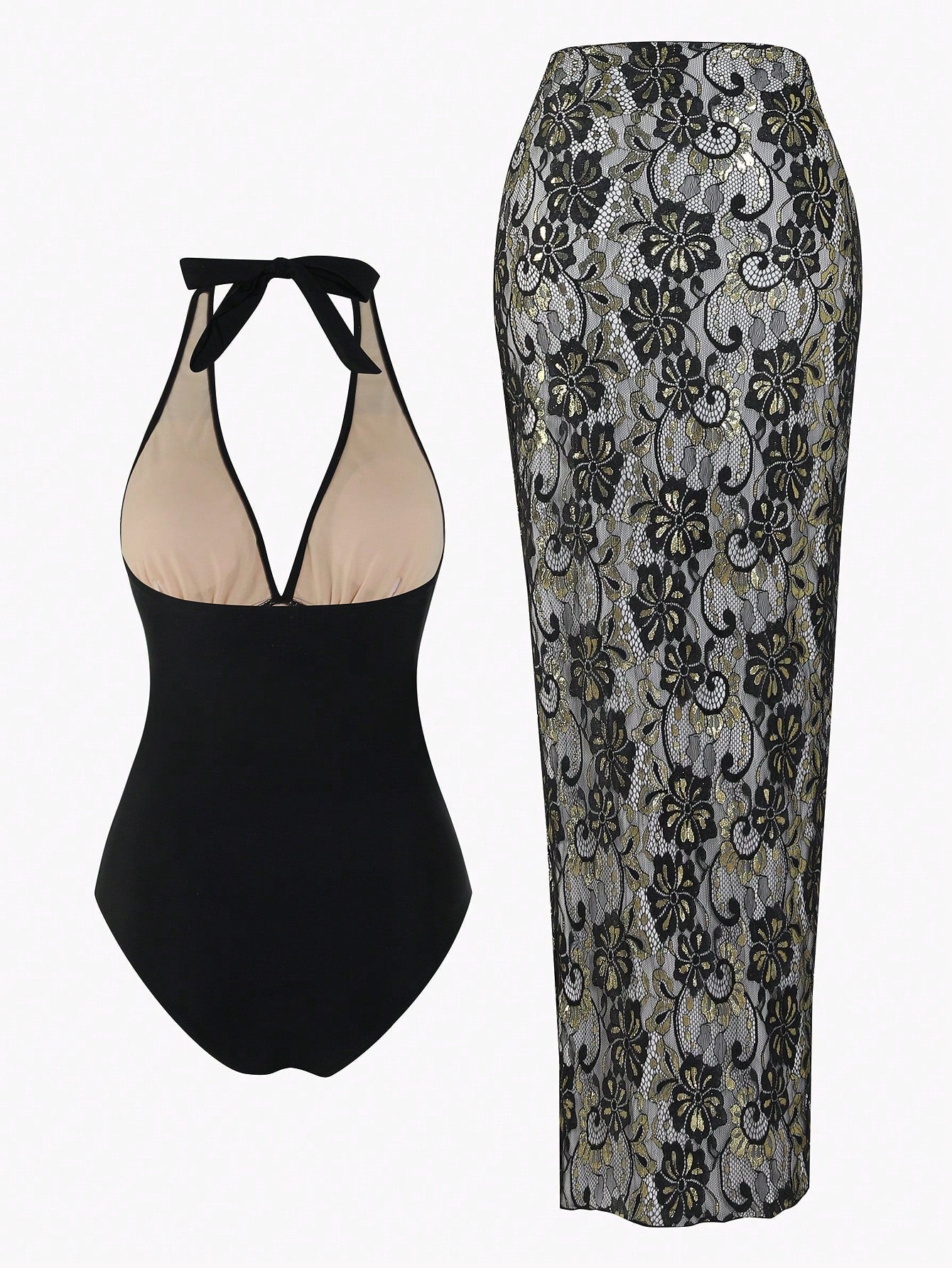 Black swimsuit with thin straps and a floral-patterned skirt on a white background