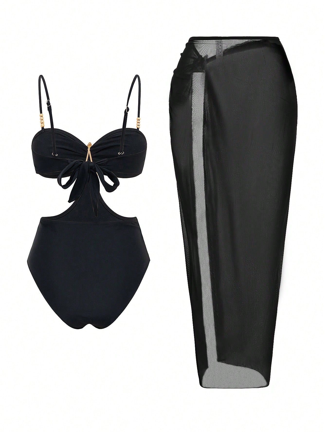 Black bikini set with sheer black skirt on a white background