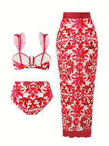 Red and white patterned bikini set with matching skirt on a white background