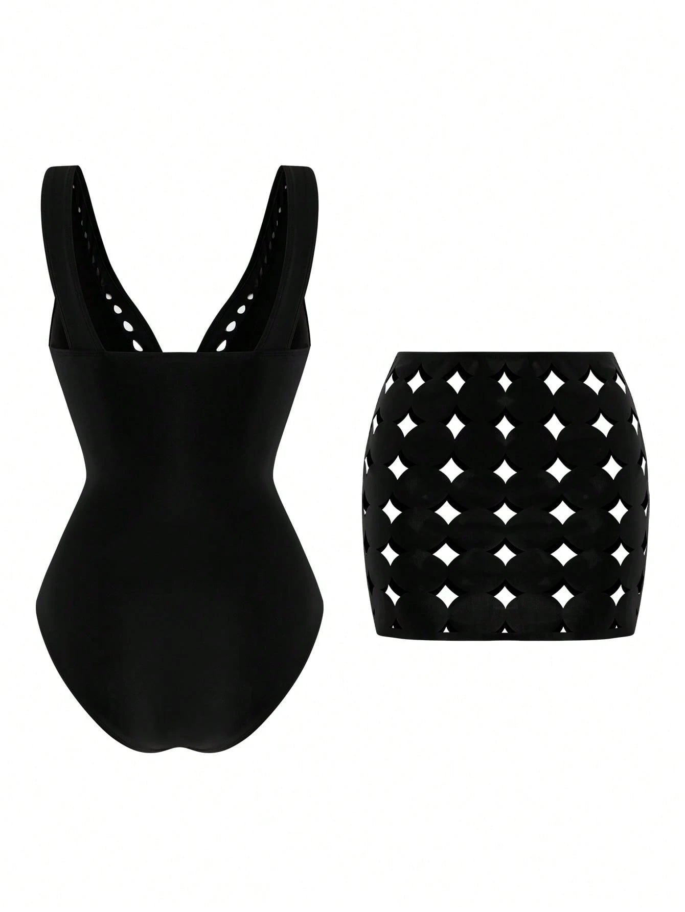 Black swimsuit with cut-out design and matching skirt on a white background