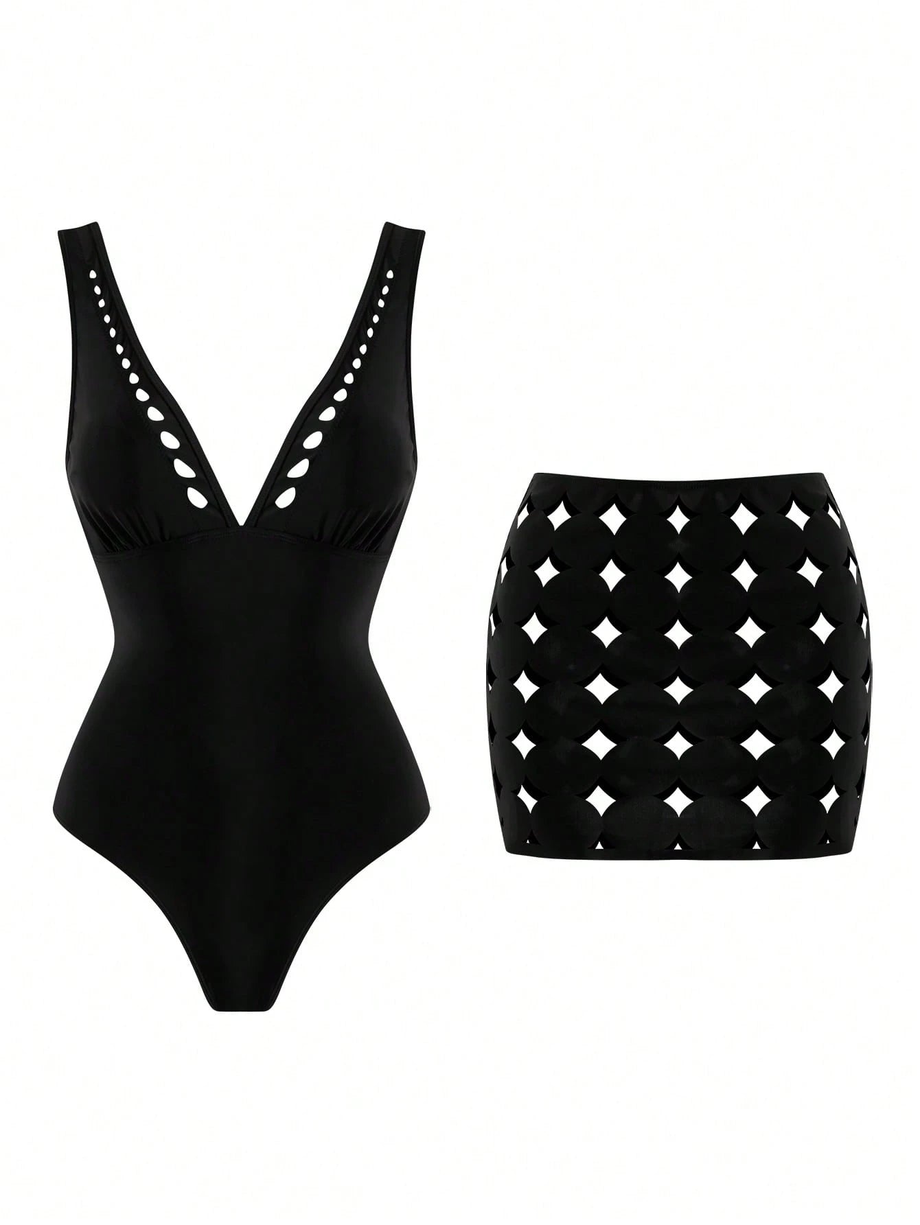 Black swimsuit with cut-out design and black skirt with white diamond pattern on a white background