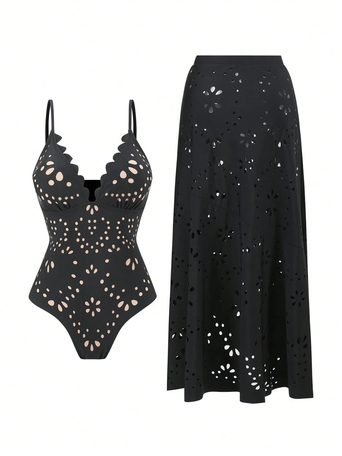 A black eyelet swimwear set featuring a one-piece swimsuit with scalloped cups and a matching high-waisted midi skirt, both decorated with floral cutout patterns, shown on a plain white background.