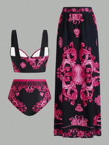Black and pink patterned bikini set with matching pants on a gray background