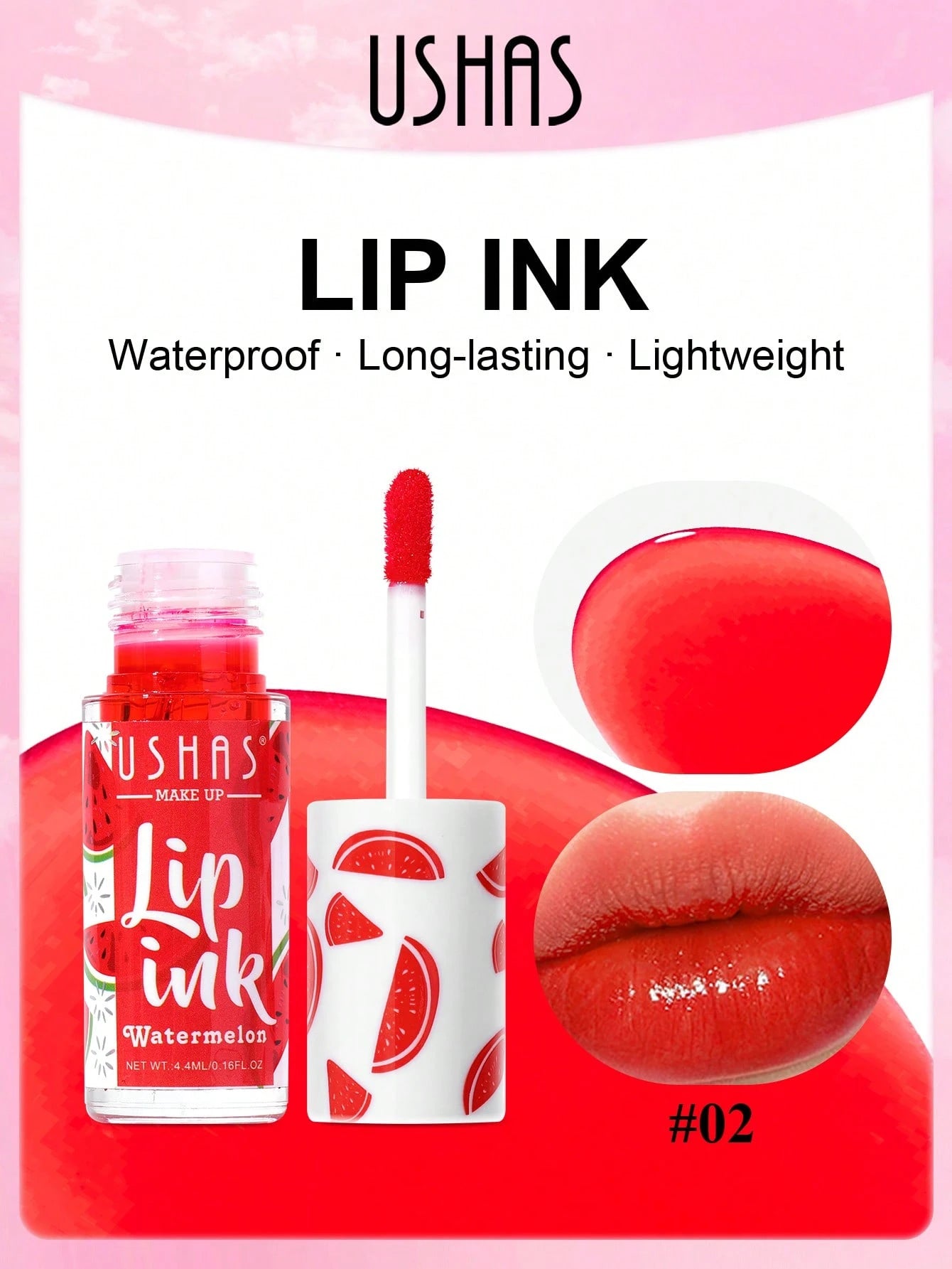 Ushas Lip Ink packaging with watermelon flavor on a pink background