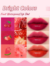 Fruit-themed waterproof lip tint with close-up shots of lips wearing the product.