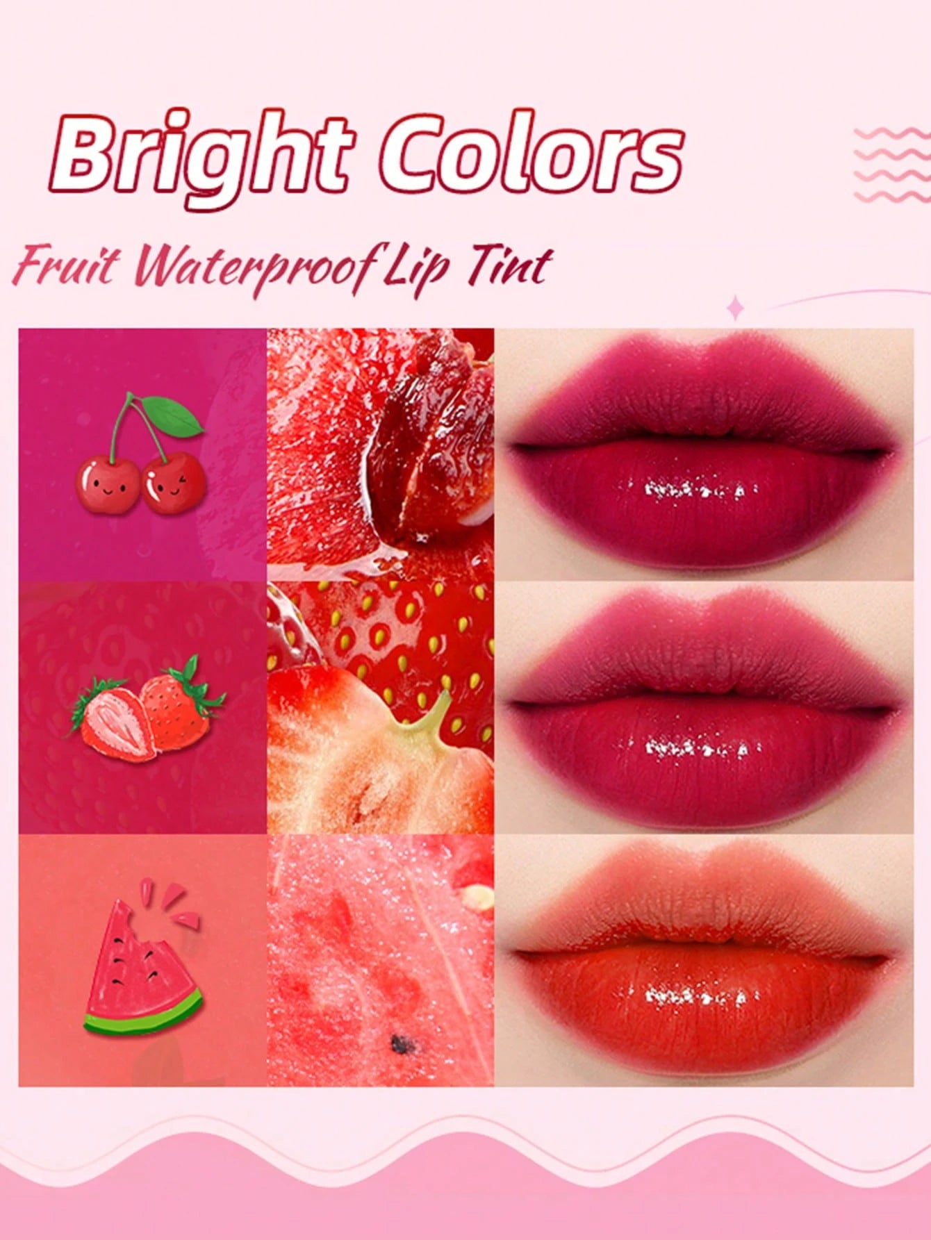 Fruit-themed waterproof lip tint with close-up shots of lips wearing the product.
