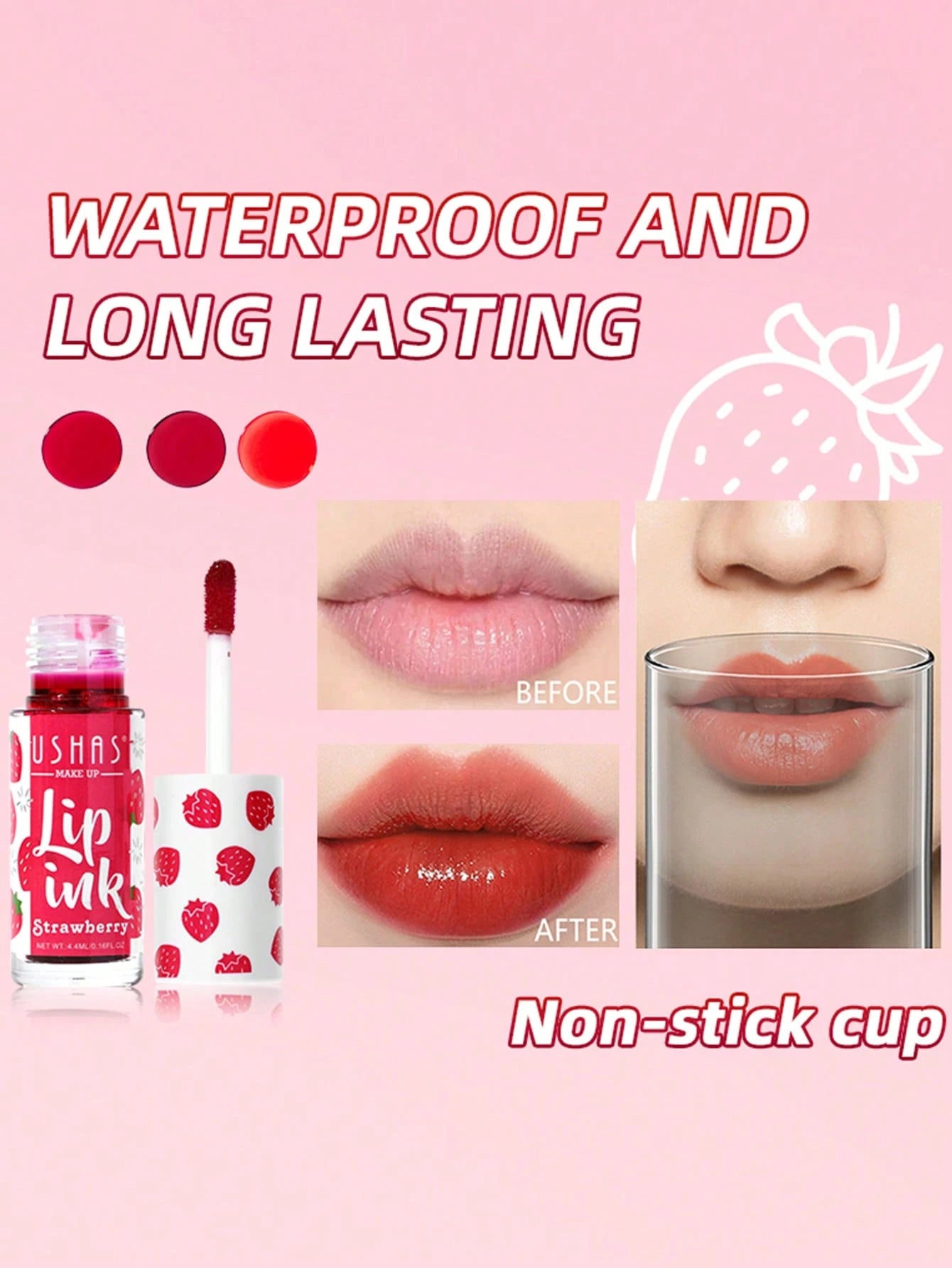 Lip ink product with text highlighting waterproof, long-lasting, and non-stick cup features on a pink background.