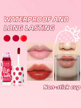 Lip ink product with text highlighting waterproof, long-lasting, and non-stick cup features on a pink background.