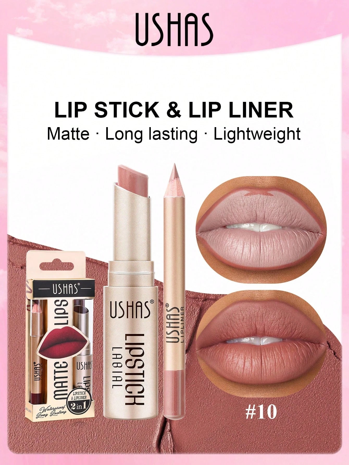 Ushas lipstick and lip liner set with packaging on a pink background