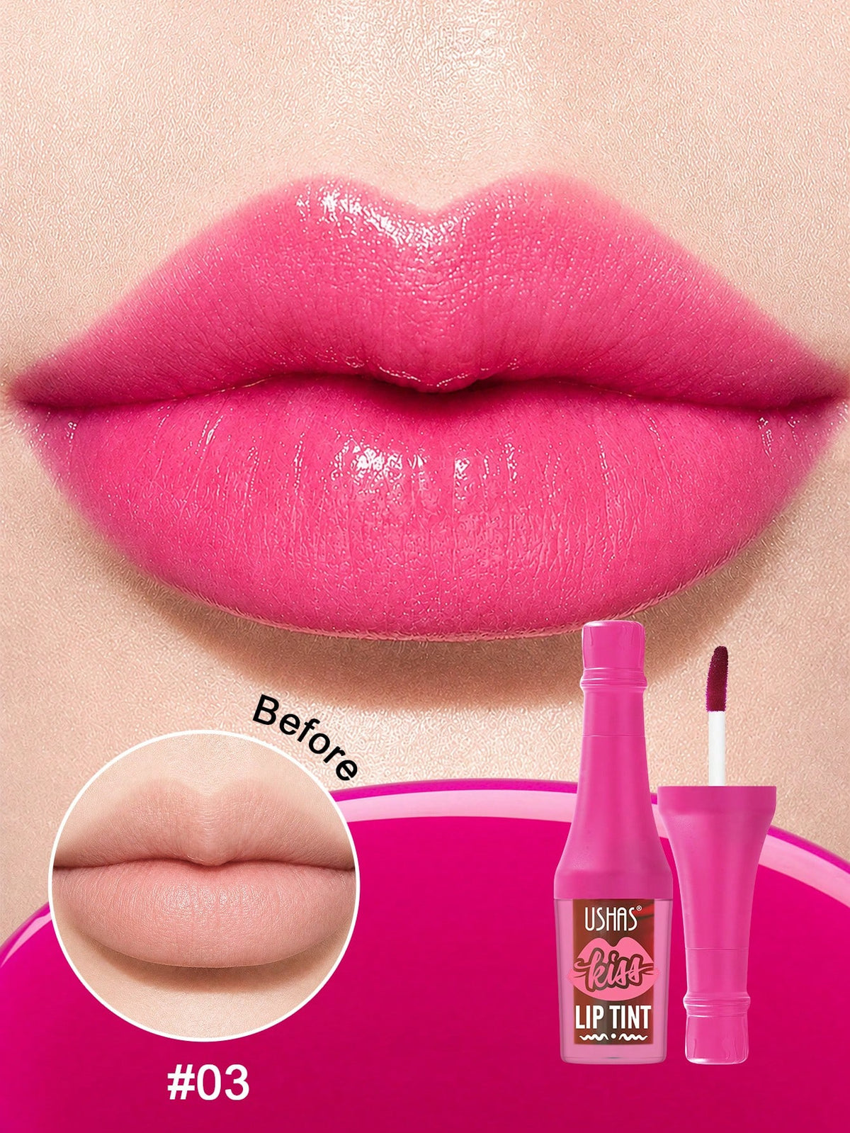 Pink lip tint shown on a model's lips with a before-and-after inset and the product bottle and applicator visible at the bottom right. The shade is labeled #03.
