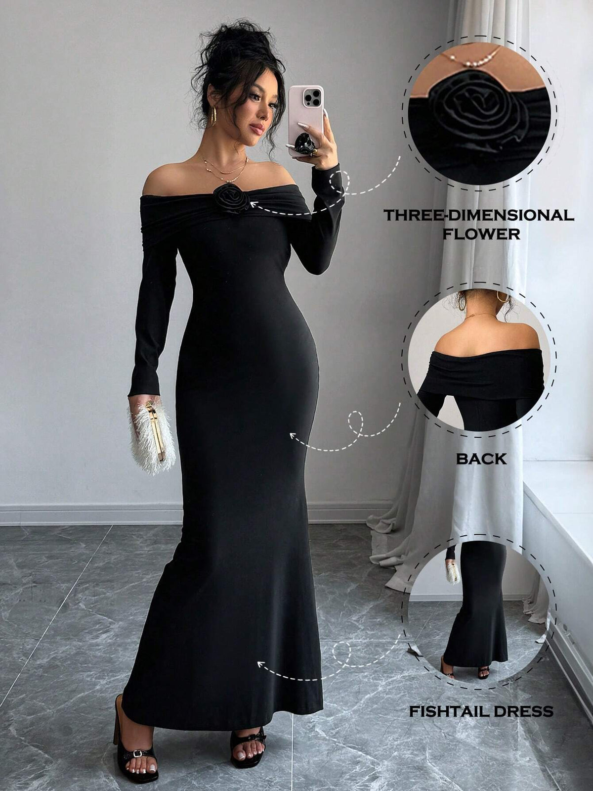 A woman modeling a black off-the-shoulder long-sleeve maxi dress with a large three-dimensional flower detail at the neckline, shown in a mirror selfie style. Three circular callout graphics on the right highlight the flower detail, the back fit, and the fitted fishtail silhouette.