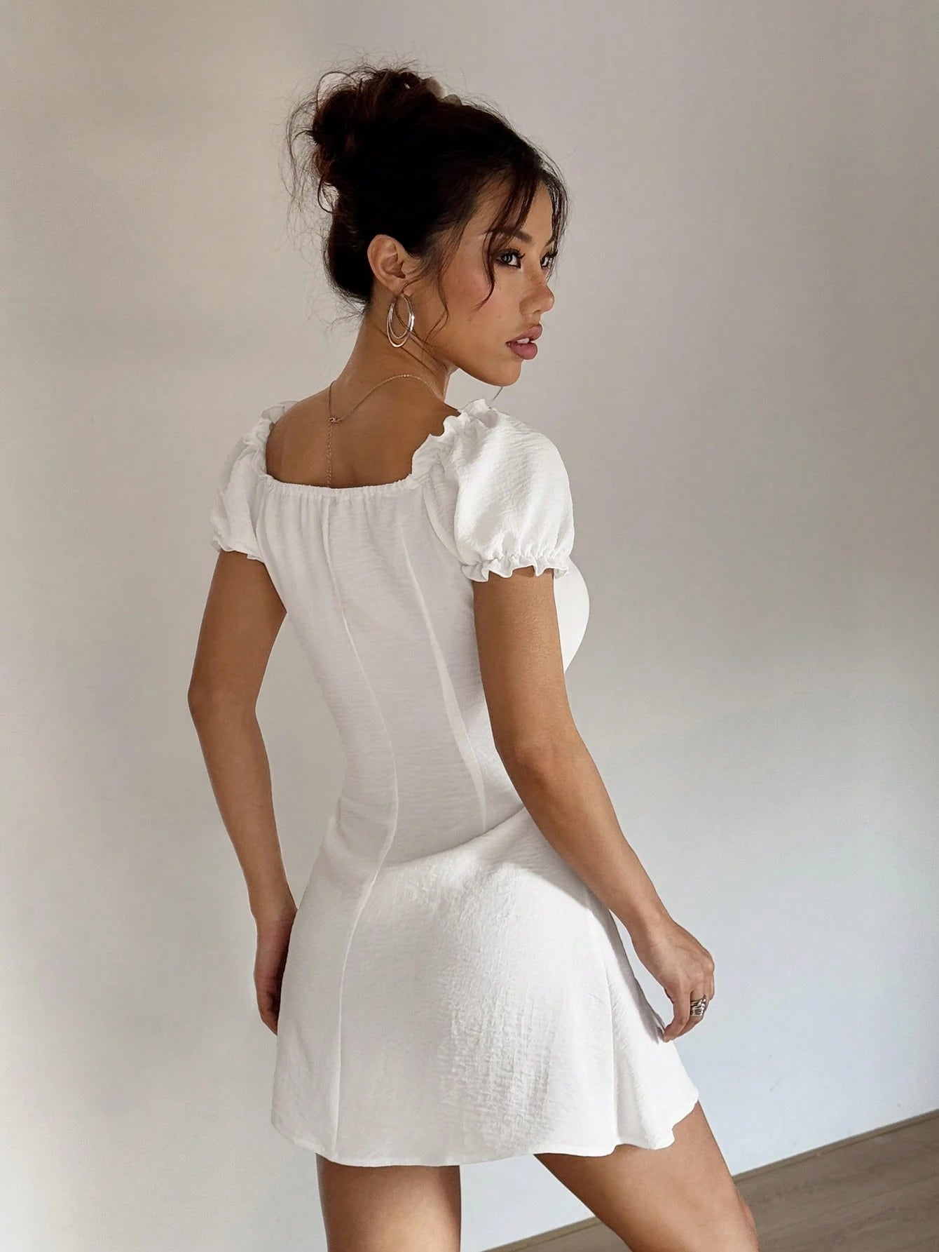 SHEIN Unity Fashionable Square Neck Puff Sleeve Cinched Waist Slim A-Line Summer Dress