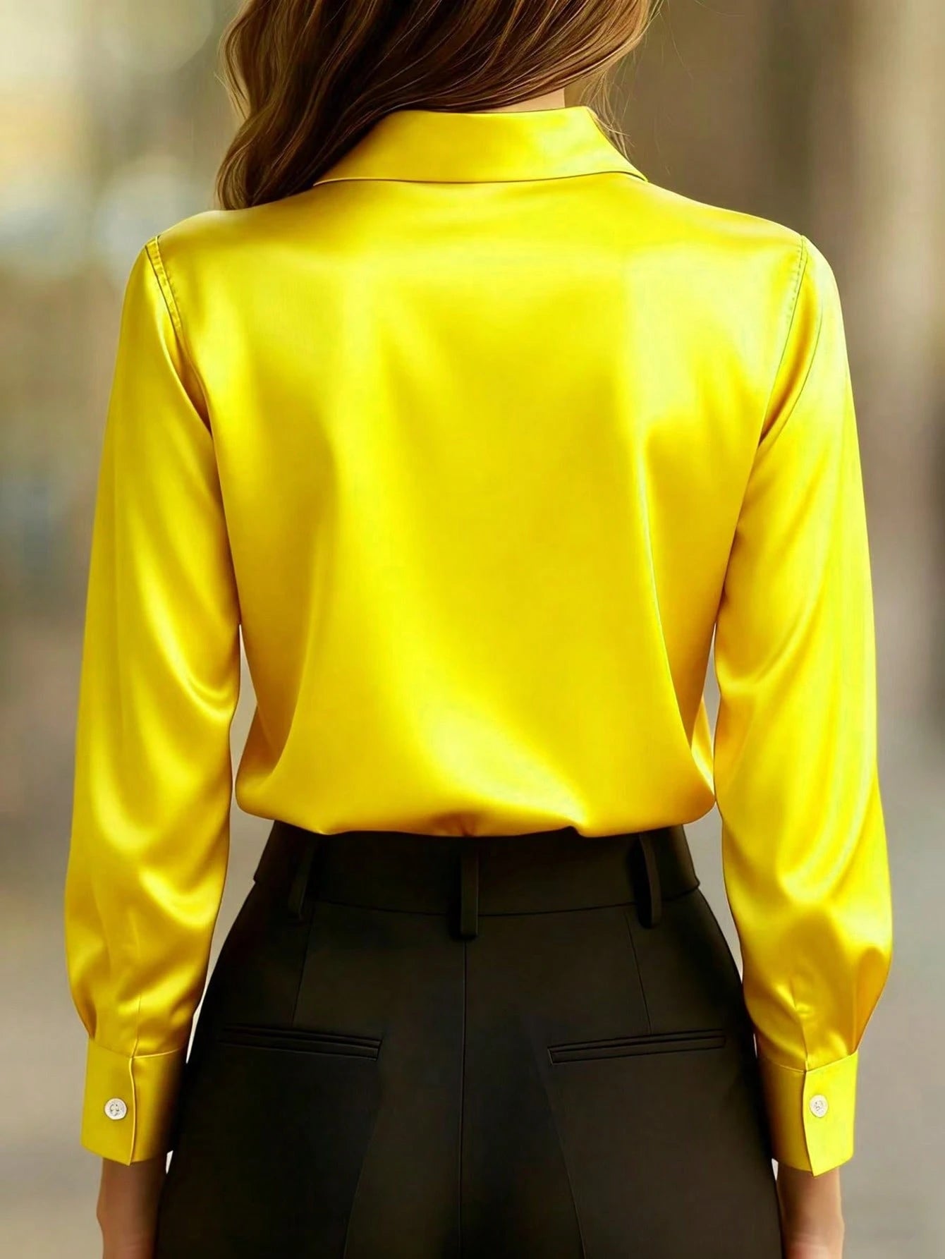 Yellow satin shirt worn by a person with a blurred background