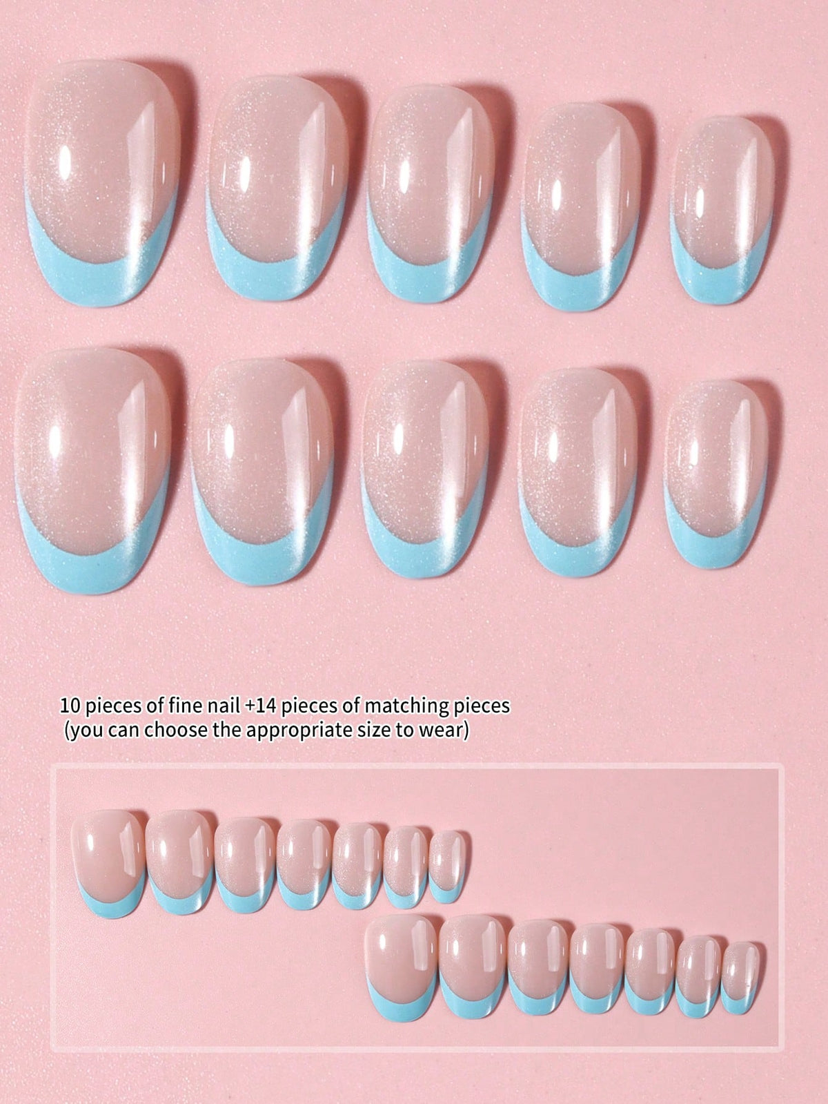 Ten false press-on nails with a nude-pink top and a light blue French tip, displayed on a pink background with size text and smaller size reference thumbnails.