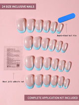 A set of 24 size-inclusive press-on nails with a nude-pink top and light blue tips, shown on a pink background with included accessories: a double-sided nail file, adhesive tab sheet, and application kit text callouts.