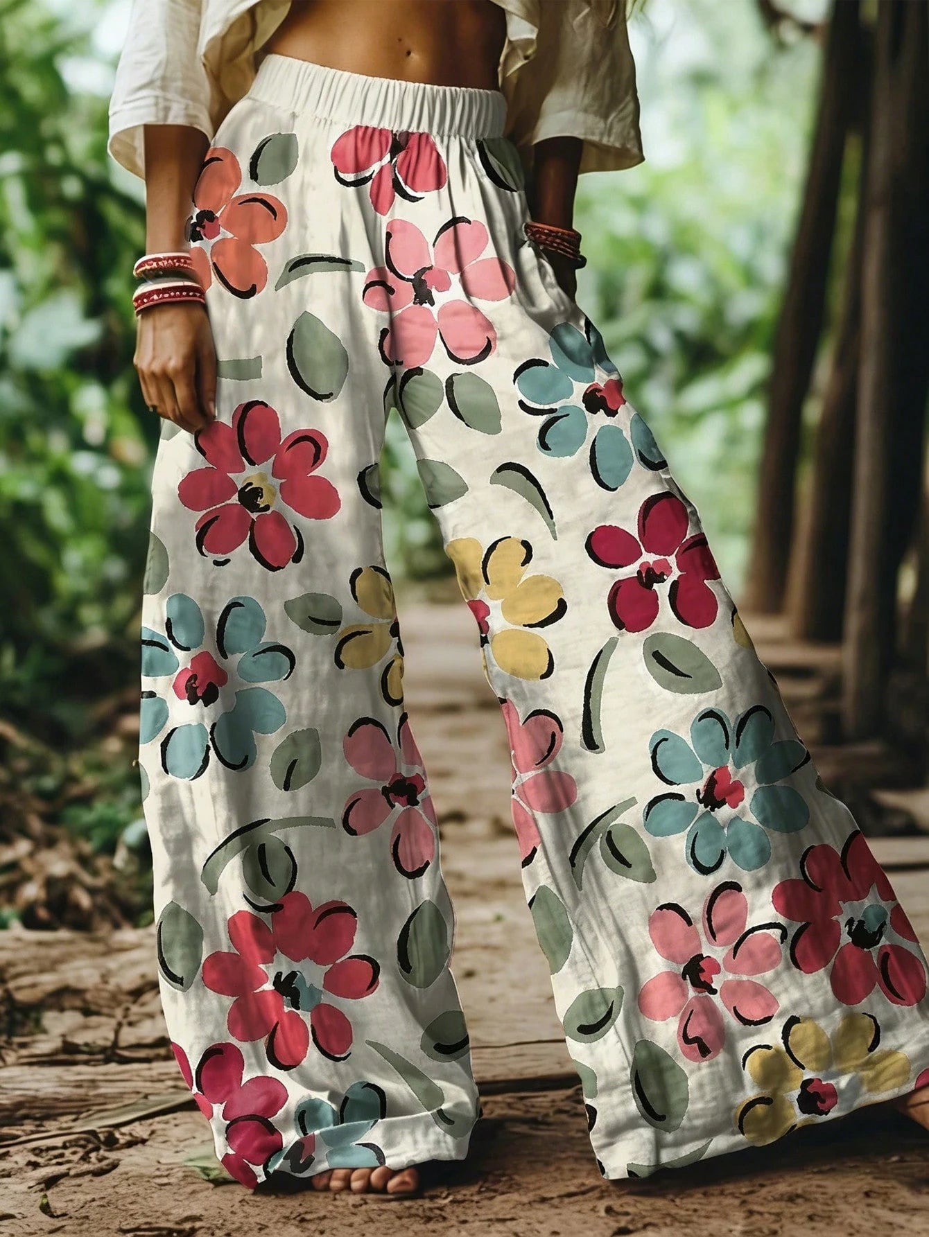 Floral patterned pants worn by a person in a natural setting
