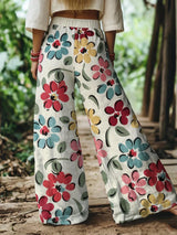 Floral-patterned pants worn by a person in a natural setting